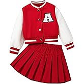 MakeMeChic Girl's 2 Piece Outfits Color Block Long Sleeve Button Down Jacket and Pleated Skirt Set