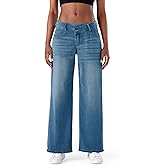 Fanica Women's Low Rise Wide Leg Jeans, Crossover Waist Stretchy Relaxed Fit Denim Pants