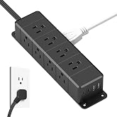 40W Under Desk Power Strip with Switch 12 Outlet 4 USB 1200J 6FT Black | Mountable Power Strip with USB-C Fast Charging