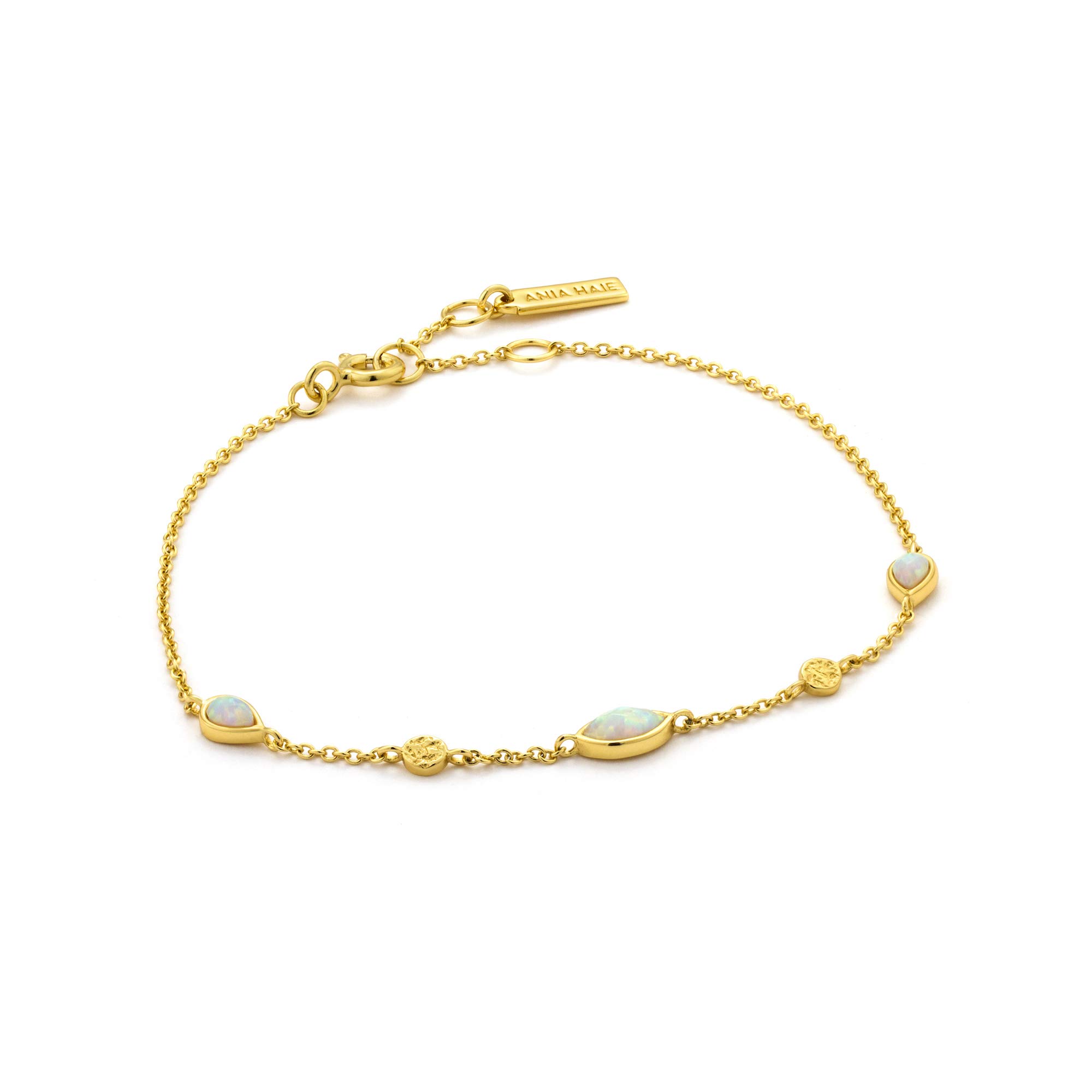 ANIA HAIE 925 Sterling Silver Faux Opal Colour Stone Chain Strand Bangle Bracelet, 14k Gold Plated