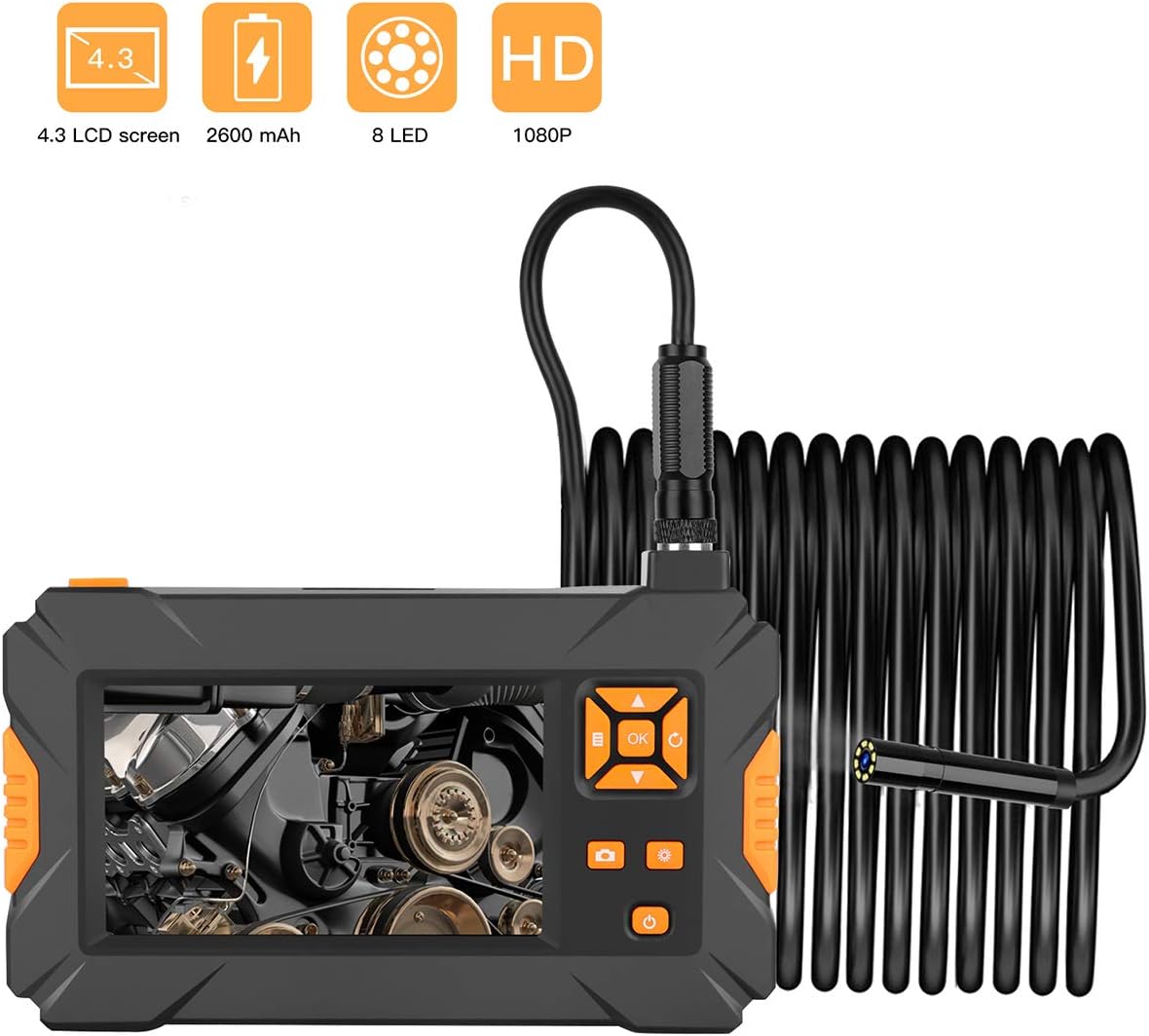 Industrial Endoscope Camera 4.3'' Screen 1080P HD Professional Inspection Camera，Focal Distance Digital Semi-Rigid Borescope Camera with 8 LEDs 8mm IP67 Waterproof Lens Camera(16.5ft)
