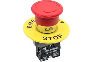 OELFFOW 1Pack Red Mushroom Head Emergency Stop Push Button Switch Press Self-Locking Clockwise Rotation Reset 1NC Switch with A Warning Ring Ith: 10A, Ui: 600V, Uimp: 6kV, AC15 240V-3A, CE