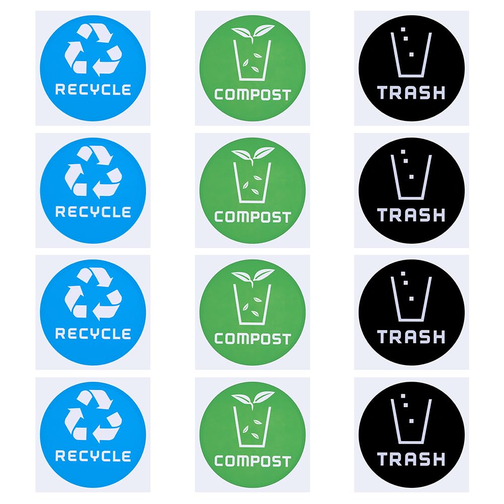 DICOSMETIC 12Pcs Recycle Sticker Trash Bin Label 4.21x4.21 Recycle Trash Compost Stickers Plastic Vinyl Trash Recycle Stickers for Waste Management in Kitchen Home Office Apartment Hotel
