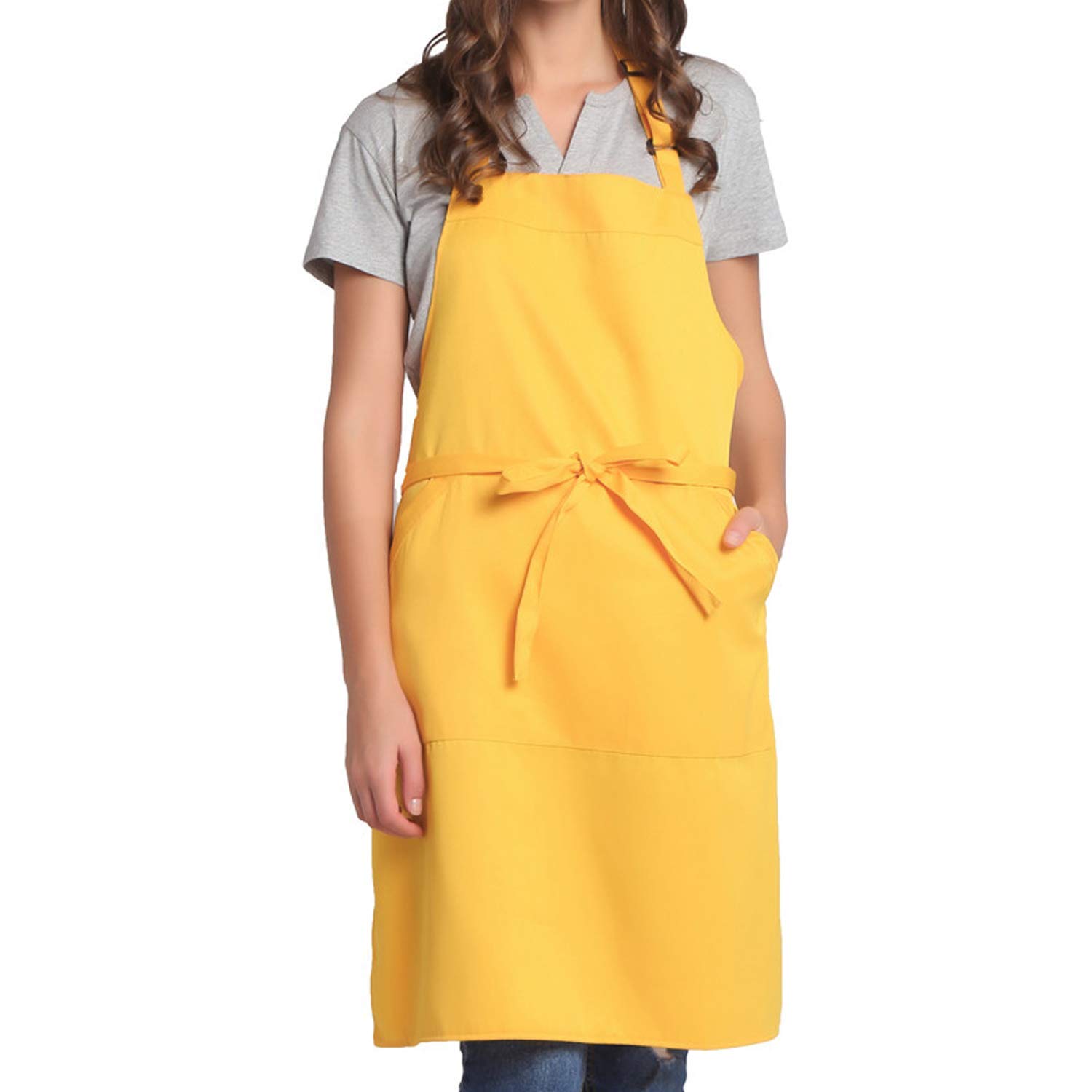 BIGHAS Adjustable Bib Apron with Long Ties for Women Men 18 Colors Chef Kitchen Cooking (Yellow)