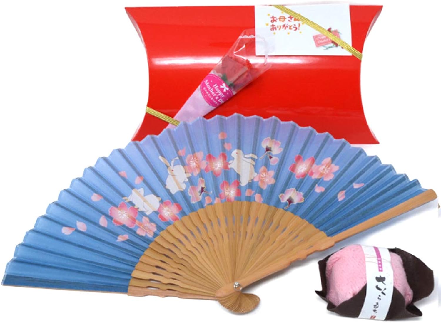 Amazon 母の日 誕生日 記念日 扇子 プレゼント うさぎ お花 デザイン 扇子と和菓子 ハンカチ ギフト セット ブルー ウサギ 母 和装小物 通販