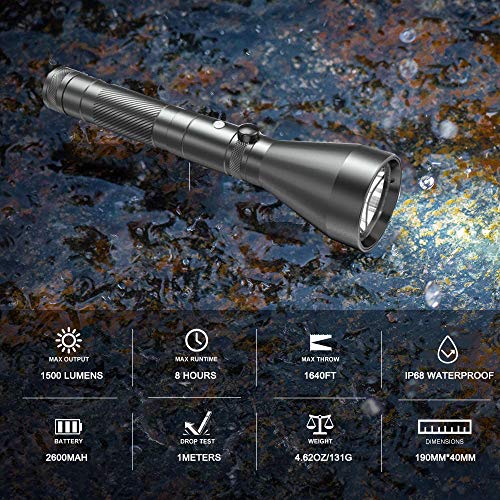 1500 Lumens LED Flashlight USB Rechargeable IP68 Waterproof Ultra Bright Tactical Flash light Torch for Outdoor Camping Hiking Cycling