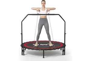 SAFLY FUN 40''/45''/50'' Rebounder Trampoline for Adults, 450-550 lbs Foldable Mini Trampoline with Handle – Indoor Outdoor Fitness Trampoline with Resistance Bands for Cardio, Balance & Family Exercise