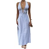 Milumia Women's Striped Tie Backless Hater Maxi Dress Sexy Deep V Neck A Line Summer Dresses