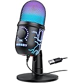 MRSDY Gaming Microphone, USB Computer Microphone for PC, Mac, PS4/5, Condenser Podcast Mic for Studio Recording, YouTube, Streaming, with Headphone Jack, Led Light, Mute, Gain, Noise Cancellation