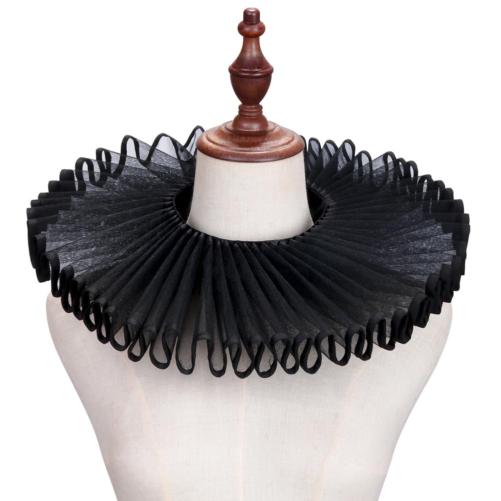 CABODYALS Black Tulle Ruffled False Collar Victorian Renaissance Elizabethan Detachable Lace Up Ruffs Transparent Organza Cape Clown Neck Collars for Women Ladies Costume Accessories Party Cosplay — image 1