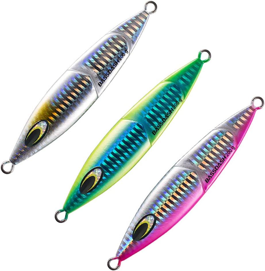 Bassdash Vertical Jigs Luminous Slow Jigging Lure Metal Spoon for Saltwater Freshwater Fishing 3 Colors 7 Weights, Pack of 3