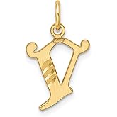 14k Yellow Gold V Initial Pendant Necklace for Women or Unisex Wear - Scripted Letter Charm with Diagonal Textured Design, Polished Finish, Real Gold Monogram Jewelry, Identity Name Accessory