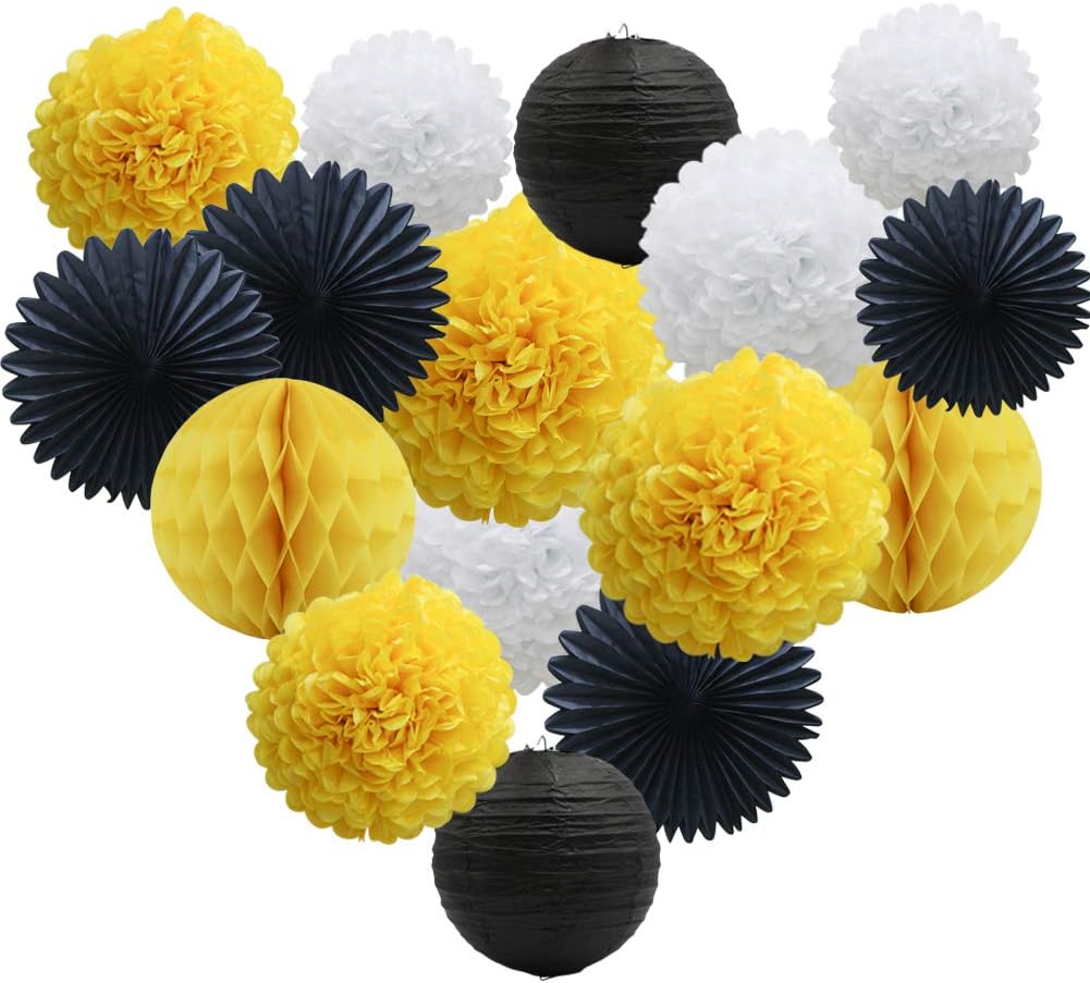 Yellow White Black Party Decorations 16pcs Paper Pom Poms Honeycomb Balls Lanterns Tissue Fans for Bee Day Party Batman Birthday Graduation Baby Shower: Arts, Crafts & Sewing