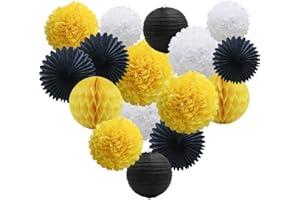 ADLKGG Yellow White Black Party Decorations 16pcs Paper Pom Poms Honeycomb Balls Lanterns Tissue Fans for Bee Day Party Batman Birthday Graduation Baby Shower