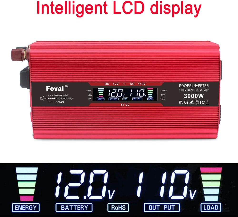 Yinleader Power Inverter 1500W/3000W(Peak) DC 12V to 110V AC Converter with Intelligent LCD Display Dual AC Outlets Dual USB Charger for for RV Caravan Truck Laptop(Red): Car Electronics