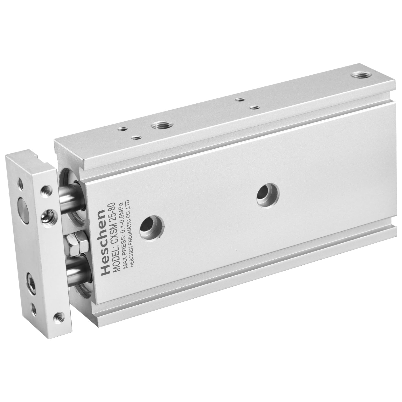Heschen Dual Aluminum Air Cylinder CXSM 25-80 Guide Rod Plate Double Rod Guided Pneumatic Slide Bearing Cushioned 25mm Bore Double Acting (80mm Stroke)