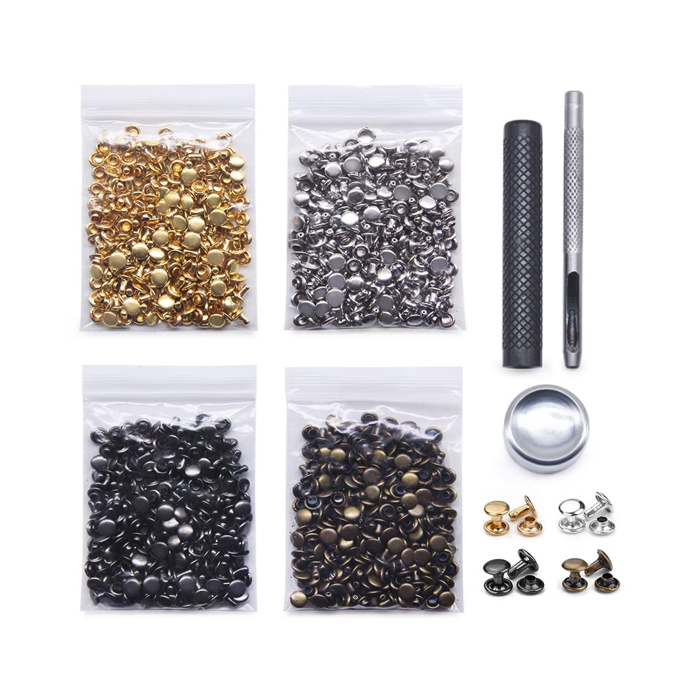 400 Sets Leather Rivets, Double Cap Rivet Tubular 4 Colors Metal Studs with Fixing Tools for DIY Leather Craft/Clothes/Shoes/Bags/Belts Repair Decoration (5x5mm)