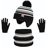 Kids Winter Hat Gloves Scarf Set,Beanies with Earflap Pompom Neck Warmer Touchscreen Gloves Fleece Lined for Boys Girls 4-10Y
