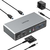 Unitek KVM Switch 2 Monitors 2 Computers HDMI Dual Monitor 4K@60Hz | 2 PC 3 USB Ports for Keyboard Mouse Hard Drives Mic Headphone Jack DC 5V Adapter Controller Extended and Mirror Mode Aluminum