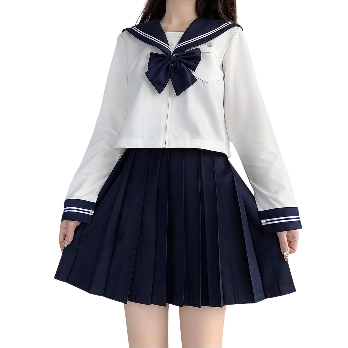 [GSYCL] セーラー服 紺色 長袖 半袖 女子高生 蝶結ぶ 3点セット コスプレ JK 制服 スカート 上下セット 女子制服 正統派 本格 二本 文化祭 学园歳 卒業式 歓送迎会 大きいサイズ レディース 可愛い (長袖セット, XL) の商品画像