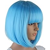 Sky Blue Bob Wigs and A Wig Cap, Short Straight Flat Bangs, Cool Summer Sexy Stylish Cosplay Party Hair Wigs, wig003SBL