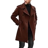 Ryannology Men's Notched Collar Trench Coat Double Breasted Long Winter Pea Coats Windbreaker Business Wool Blend Jacket