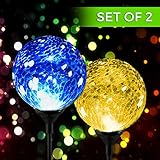 Solar Powered Crackle Glass Ball- Color Changing Stake Lights- Set Of 2- 100% Weatherproof Design- Decorative Landscape Lamps- Wireless Outdoor LED Accent Lighting- Best Decor for Garden/ Yard/ Path