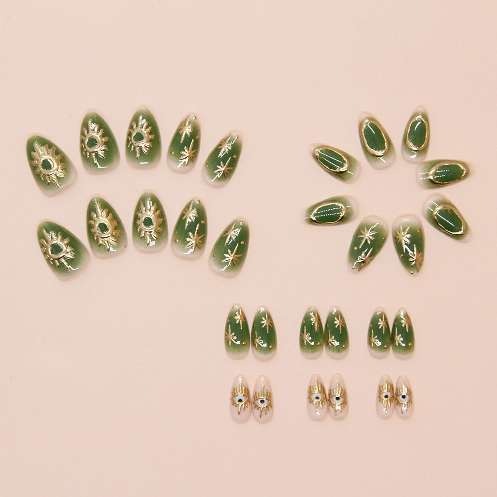 MERVF Almond Press on Nails Medium Fake Nails Green Gradient Glue on Nails Gold Sun Star Press ons Stiletto Acrylic Nails with Aura Design 30pcs Glossy - Image 3
