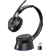 Wireless Headset with Mic for Work, Wireless Headphones with Mic (Noise Cancelling), Charging Base & Mute Button, Bluetooth Headset with Microphone with USB Dongle for Remote Work/Office/Zoom/Teams