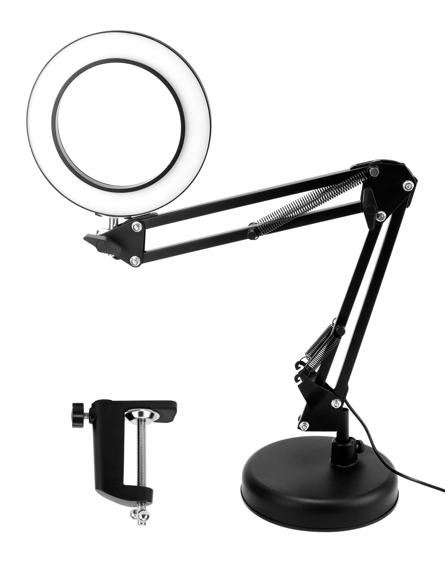QWORK® Magnifying Lamp with Clamp & Base, 10X Magnifier Lamps, 3 Color Modes & 10 Brightness Dimmable, Adjustable Swivel Arm Lamp, Black