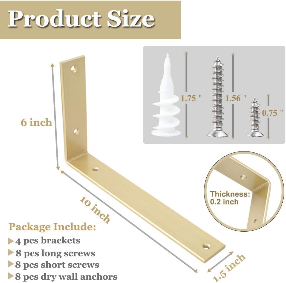 Shelf Brackets 10 Inch L Brackets Heavy Duty Gold Wall Brackets for Shelves Rustic Industrial Metal Wall Hanging Bracket for DIY Opening Shelves Screws Included: Home Improvement