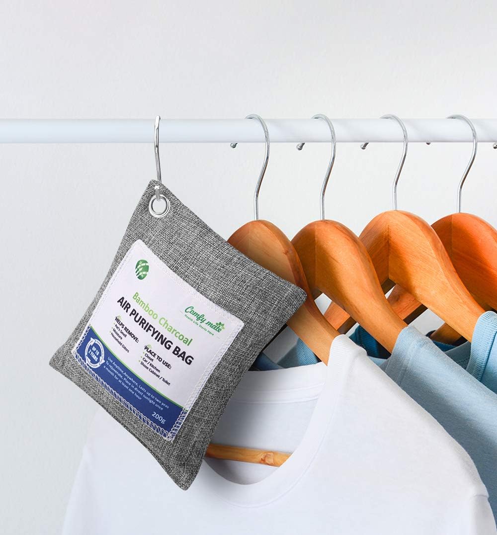 5 Pack Bamboo Charcoal Air Purifying Bags with Hooks, Charcoal Bags Odor Absorber for Home, Odor Eliminator, Closet Deodorizer, Car Air Freshener(5 Pack, 200g Each): Kitchen & Dining