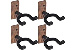 MOREYES Guitar Wall Mount 4 Pack, Guitar Wall Hangers with Rotatable Soft Guitar Hook for All Size Guitars, Hardwood U-Shaped Guitar Holder for Acoustic Guitar, Bass, Easy to Install, Black Walnut