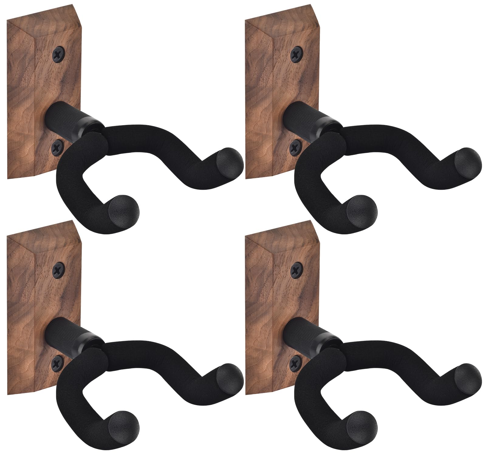 Guitar Wall Mount 4 Pack, Guitar Wall Hangers with Adjustable Soft Guitar Hook for All Size Guitars, Hardwood U-Shaped Guitar Holder for Acoustic, Electric Guitar, Bass, Easy to Install, Black Walnut