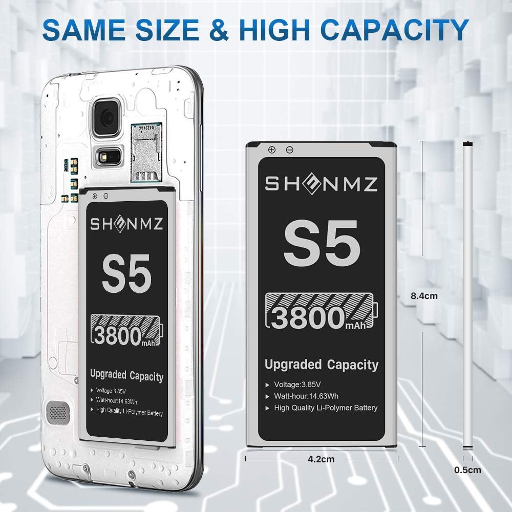 Galaxy S5 Battery, 3800mAh [Upgraded] SHENMZ Li-ion Replacement Battery for Samsung Galaxy S5 EB-BG900BBU SM-G900V I9600 SM-G900H SM-G900A SM-G900TR SM-G900P SM-G900T SM-G900R - 18 Months Warranty: Home Audio & Theater