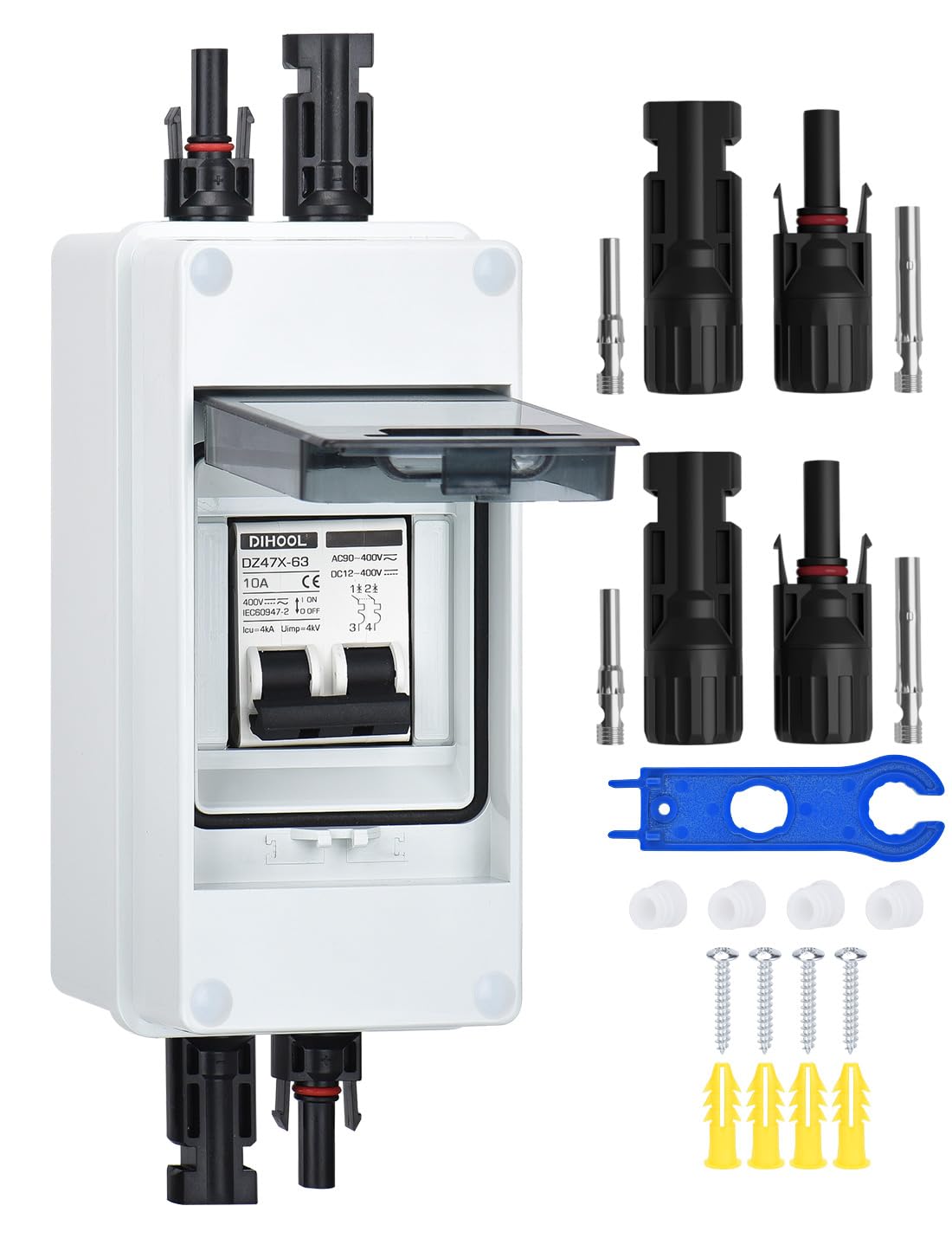 DIHOOL DC Circuit Breaker PV System Circuit Breaker Fuse Automatic 2-Pole 10A 12V (12V-400V) With Cable Solar Plug IP65 Waterproof Enclosure