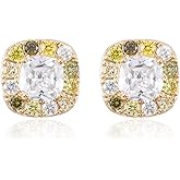 Square Cubic Zirconia Stud Earrings for Women Dainty Round Square Halo Stud Earrings Elegant Tiny Crystal Diamond Sparkle CZ Statement Earrings Jewelry Gift for Women, Olive Green