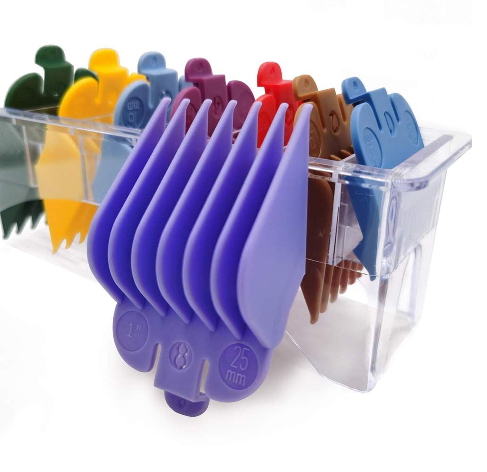 AIRERA Professional Hair Clipper Guide Combs w/Clear Rack, Replacement Guards Set, 8 Packs 8 Color-Sorted 8 Lenghts 3mm-25mm Clipper Attachment Combs for Standard Hair Clippers(8 Random Mixed Colors)