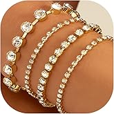 LXSSLY 4Pcs Gold Tennis Link Bracelets Set for Women,14K Gold Plated Pearl Bracelets for Women,Dainty Layered CZ Paperclip Snake Cuban Link Chain Bracelets for Women