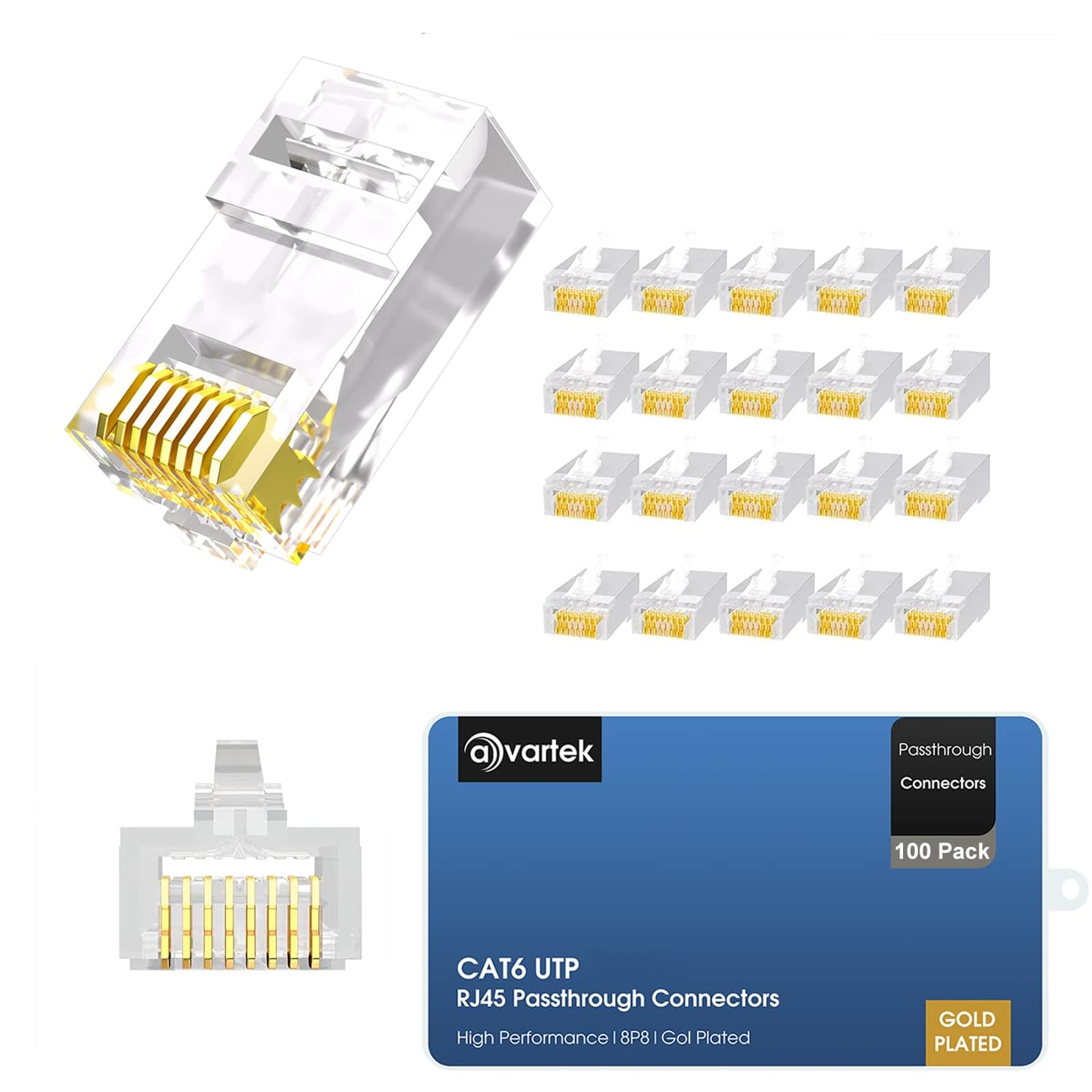 AVARTEK 100 Pack RJ45 CAT6 Cat6a Pass Through RJ45 Connectors, Ethernet Gold Plated Connector End For Cat6 Sold & Stranded Network Cable - 8P8C Modular Plug 50u
