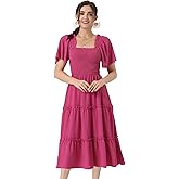 Allegra K Boho Midi Dress for Women's Square Neck Flutter Short Sleeve Tiered Flowy Smocked Dress