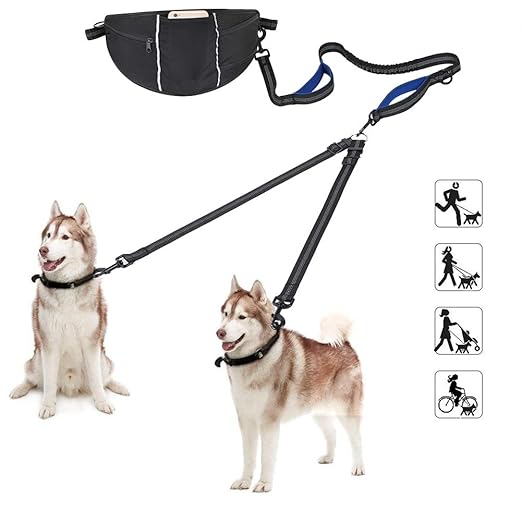 YOUTHINK 2 in 1 Hunde Doppelleine + Elastisch Hundeleine Reflektierendem Hände Frei Joggen Hunde Leine mit Verstellbar Bauchg
