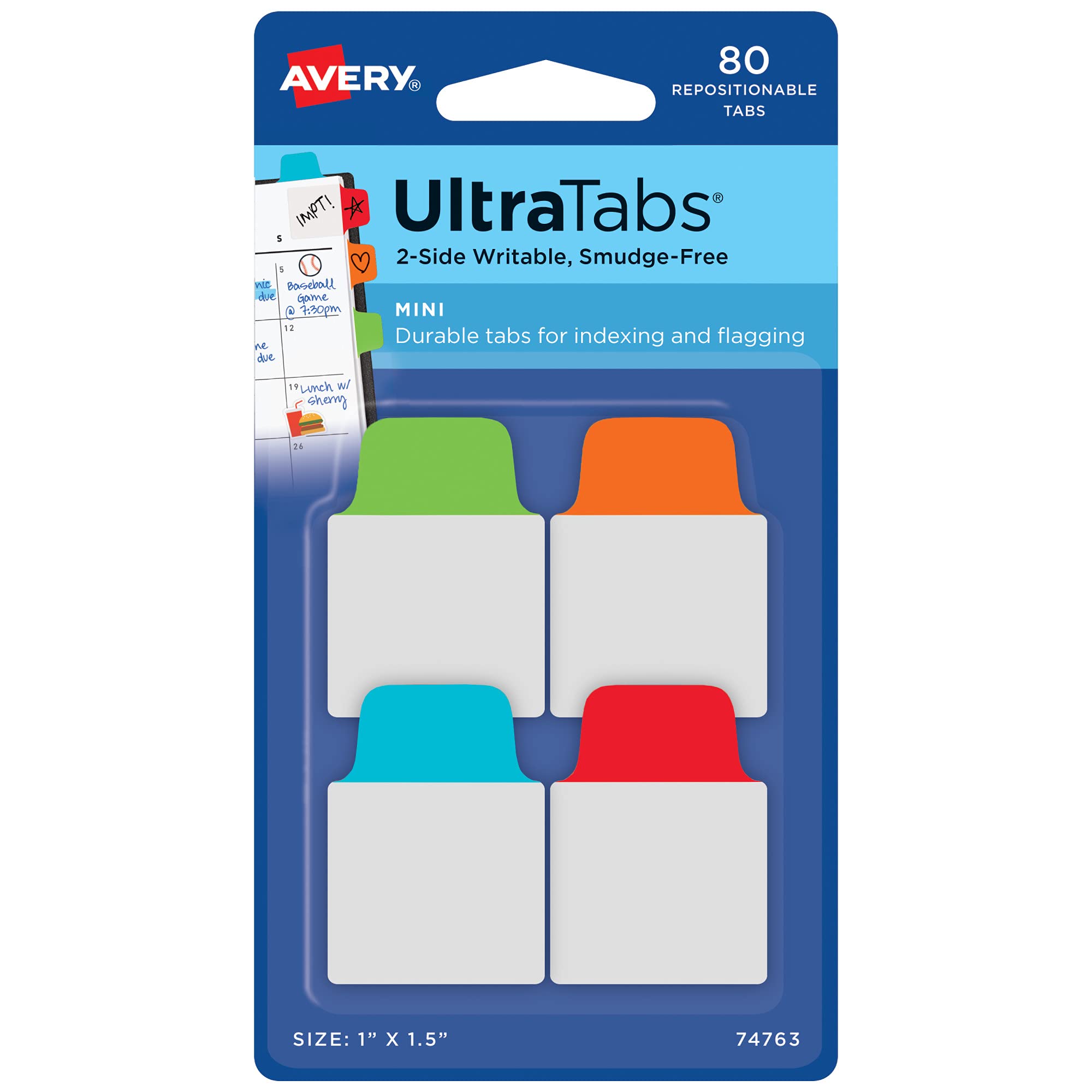 Avery Mini Ultra Tabs, 1" x 1.5", 2-Side Writable, Assorted Primary Colors, 80 Repositionable Tabs (74763)