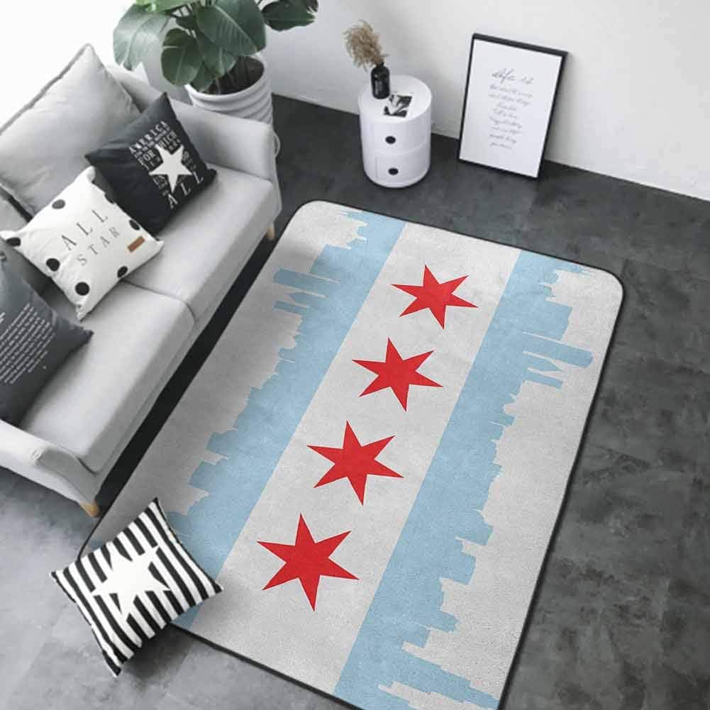 Kitchen Mat Chicago Skyline,City of Chicago Flag with High Rise Buildings Scenery National, Red White Baby Blue 64"x 96" Rugs for Outside