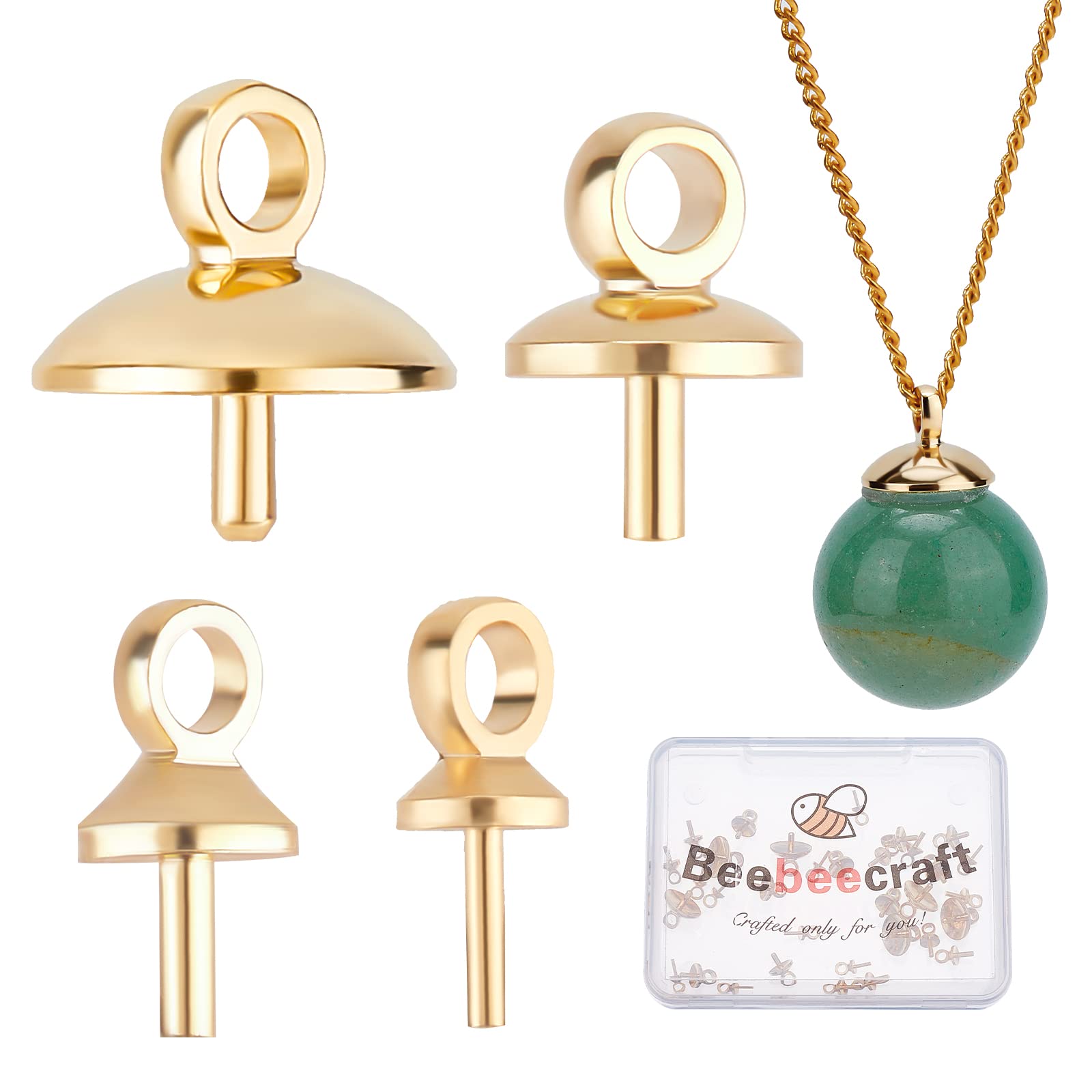 Beebeecraft 40Pcs 4 Sizes Eye Pin Bail Peg Pendants 24K Gold Plated Pearl Cup Eye Pins with Small Pearl Cup for Half Drilled Beads Jewelry Making Findings