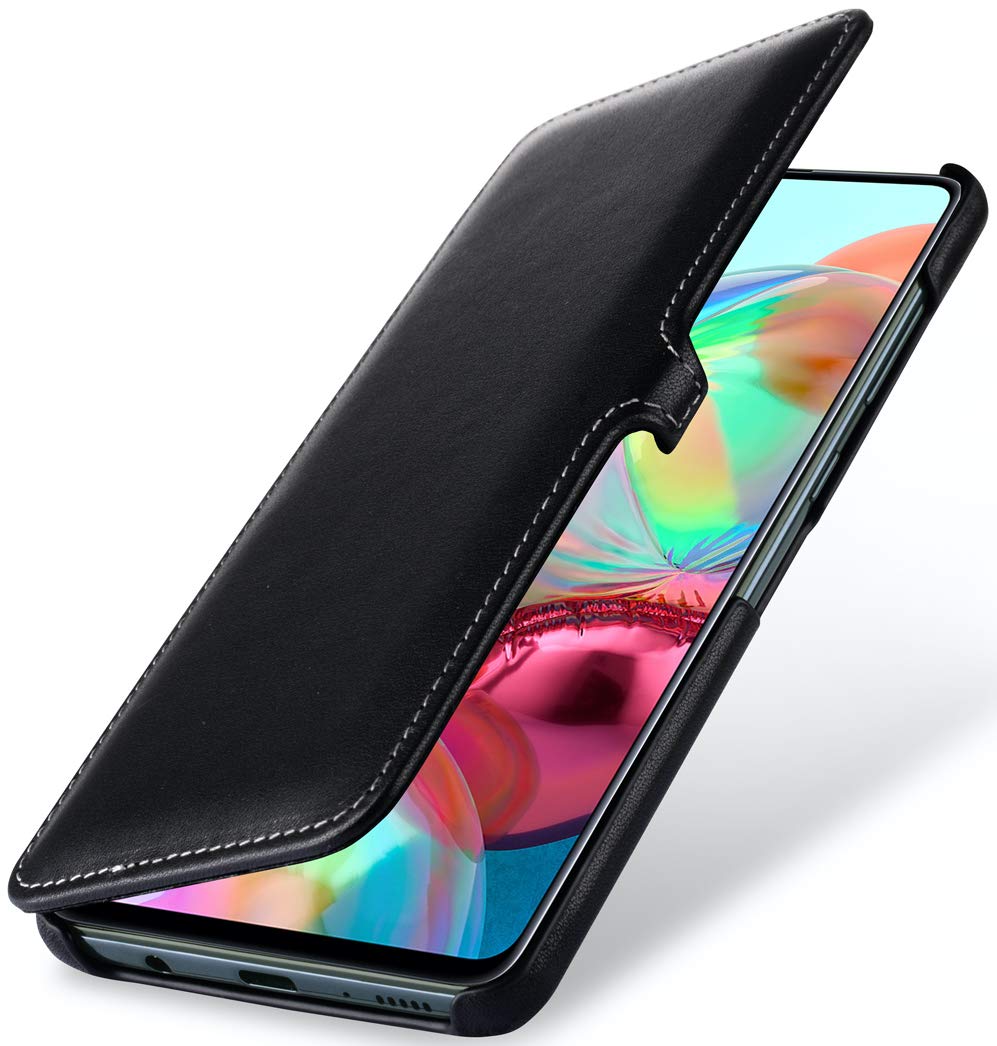 StilGut Book Type Flip Case for Galaxy A71, Genuine Leather Galaxy A71 Case with Closure, Black Nappa