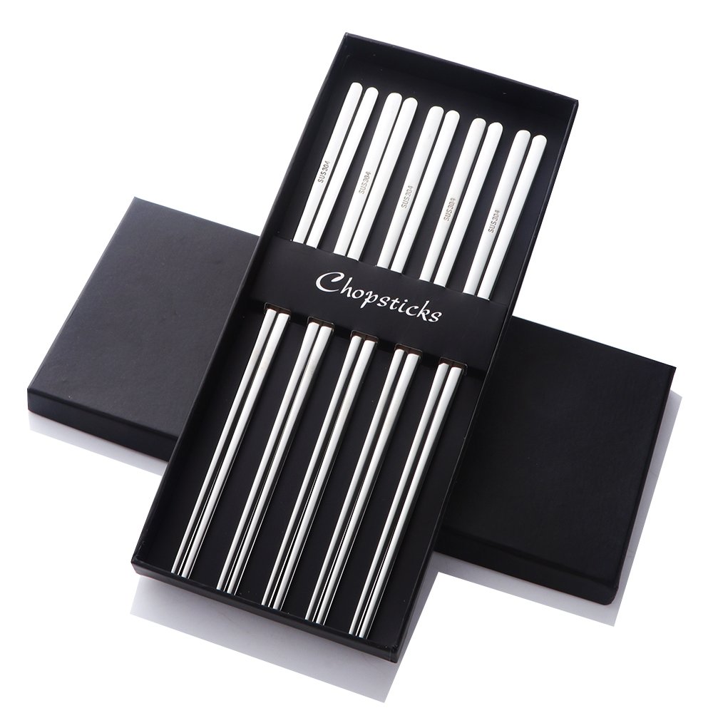 Buyer Star 5 Pairs Chopsticks Set Stainless Steel Korean Chopstick 9 inch Silver Steel Reusable Anti-hot Chopsticks with Gift Box