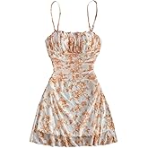 WDIRARA Women's Floral Print Ruched Cami Dress Spaghetti Strap Ruffle Hem Mesh Mini Dress