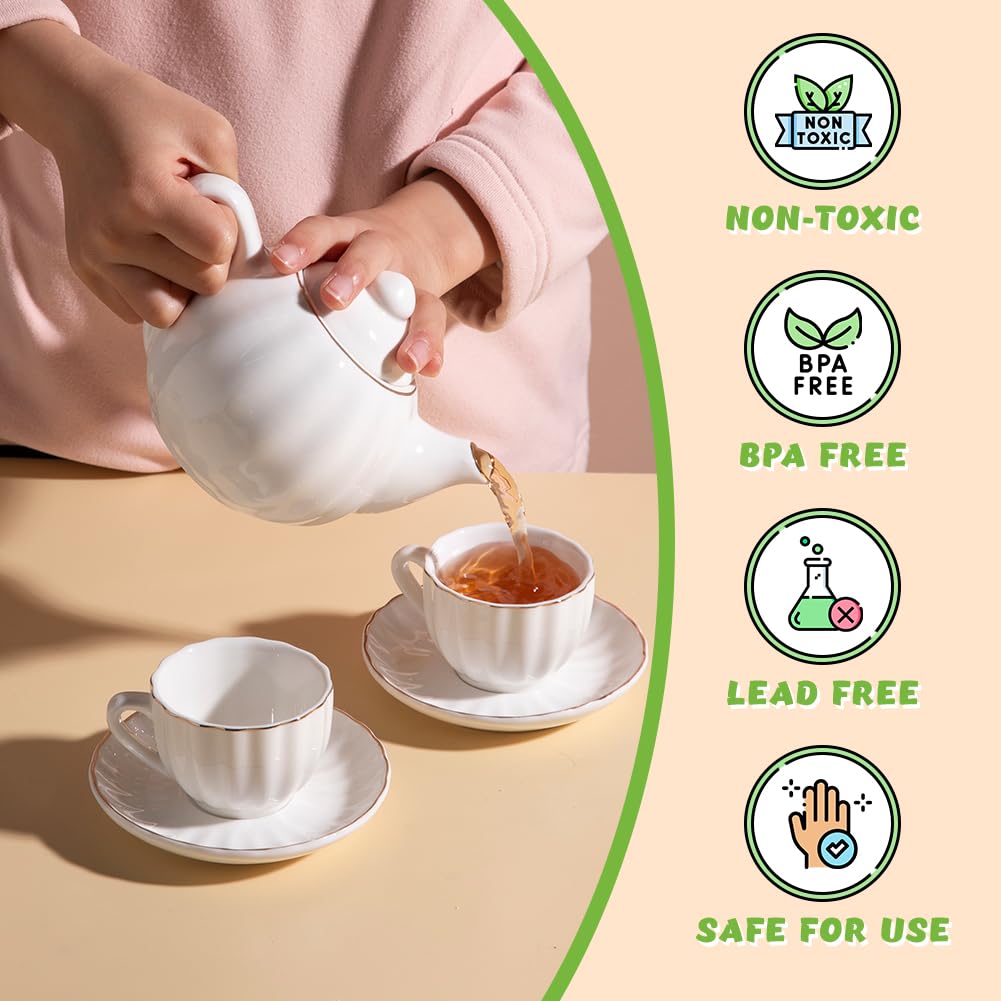 Sweejar Porcelain Toy Tea Sets British Royal Series, Vintage Style Tea Set for Children, Cups & Saucer Service for 4, with Teapot, Sugar Bowl and Cream Pitcher(White)