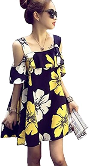 Amazon 17夏季の流行りのレディースファッションのゆったりする花の小花のガーター肩の半袖のフリルの女性のワンピース シングル 黄 スカート 通販